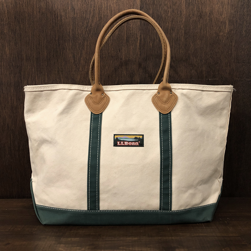 L.L. Bean Boat and Tote Leather Handle White Green Tote Bag