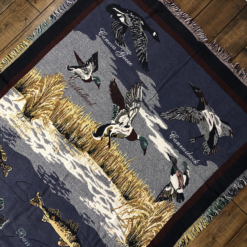 Goodwin Weavers Cotton Blanket Game Fish & Birds in Wild Life 175/128 グッドウィン ウェーバーズ コットン ブランケットフィッシング フィッシュ バード 柄 ビンテージ