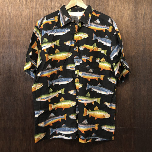 Vintage Cotton Short Sleeve Fishing Shirts Trout Pattern Black L ビンテージ コットン ショートスリーブ フィッシングシャツ トラウト柄 ブラックベース L相当 オールドシャツ