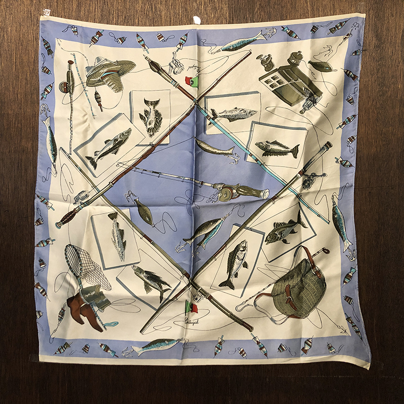 Vintage Fishing Tool & Tackle & Game Fish Sketch Pattern Scarf Mint ビンテージ フィッシング ツール タックル ゲームフィッシュ スケッチパターン スカーフ ミントコンディション