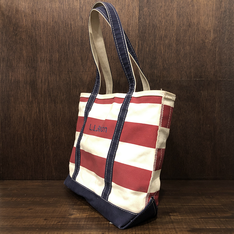 LL Bean Boat and Tote Red Ivory Border Canvas Navy Handle