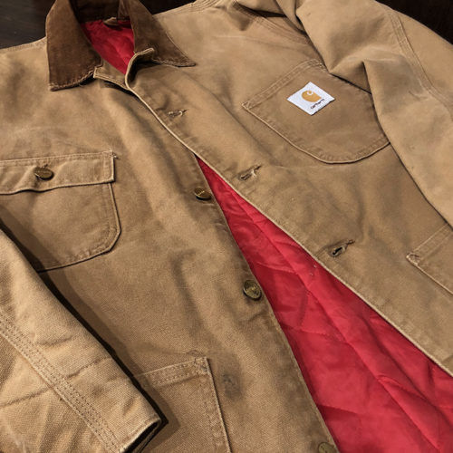 Carhartt Duck Canvas Coverall Jacket Chore Coat Old Red Quilt Lining M Made in USA カーハート ダック キャンバス カバーオール ジャケット チョアコート レッドキルティングライナー オールドモデル M相当 オリジナル USA製 グッドコンディション