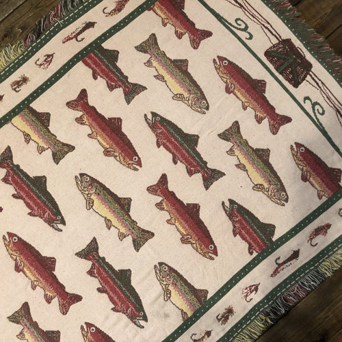 Vintage Cotton Throw Blanket Trout Fly Fishing Game Fish Pattern 170/120 コットン ブランケット トラウト柄 フライフィッシング ゲームフィッシュ クリール ロッド フライ柄 ビンテージ グッドコンディション