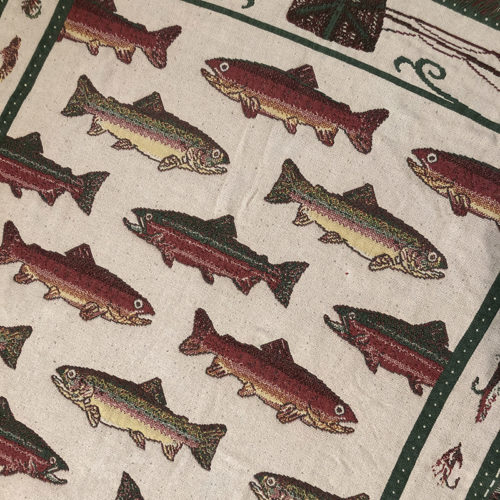 Vintage Cotton Throw Blanket Trout Fly Fishing Game Fish Pattern 170/120 コットン ブランケット トラウト柄 フライフィッシング ゲームフィッシュ クリール ロッド フライ柄 ビンテージ グッドコンディション