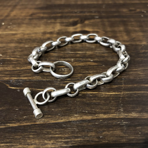 Vintage Silver Bean Shaped Chain bracelet Toggle Clasp T-bar End 925 Engraved 20.5cm ビンテージ シルバー 豆状連結チェーン ブレスレット マンテル トグルクラスプ  Tバー エンド 925刻印 エクセレントコンディション