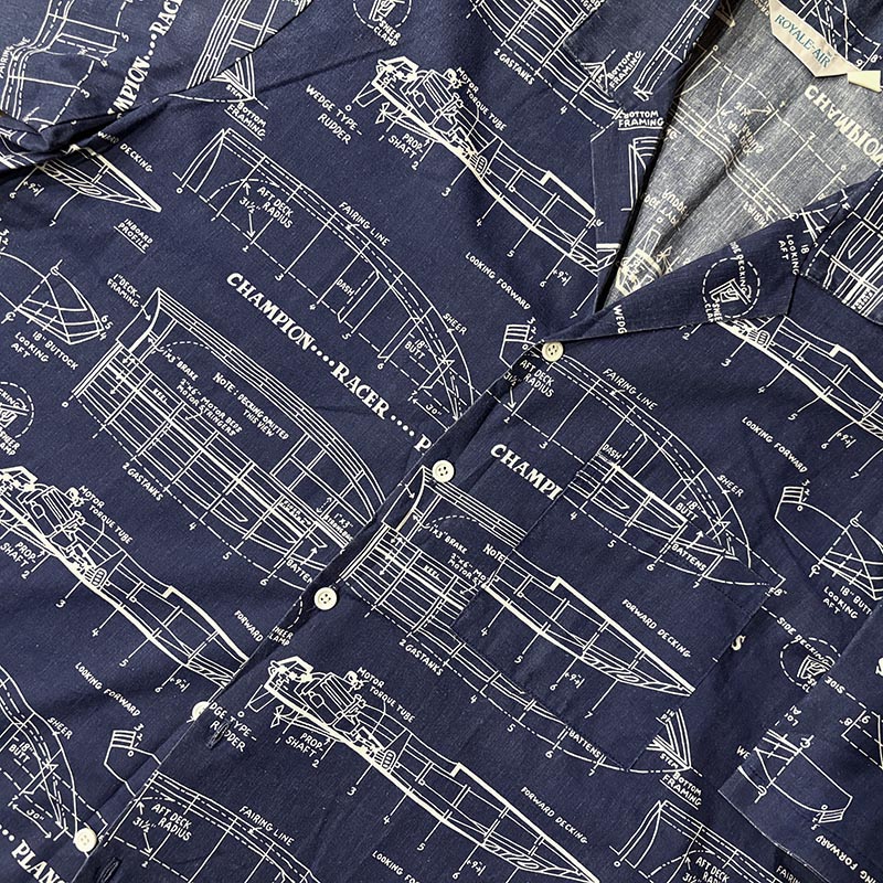 Royale-Air Cotton Aloha Open Collar Shirts Ship Blueprints Pattern