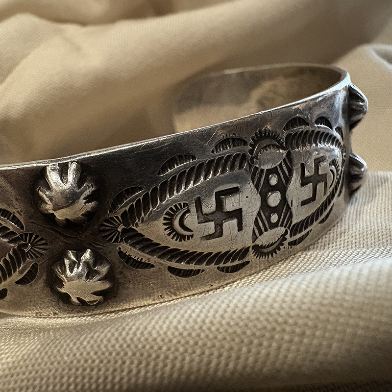 Vintage Navajo Fred Harvey Silver Bangle Swastica Arrow Shell Repouse