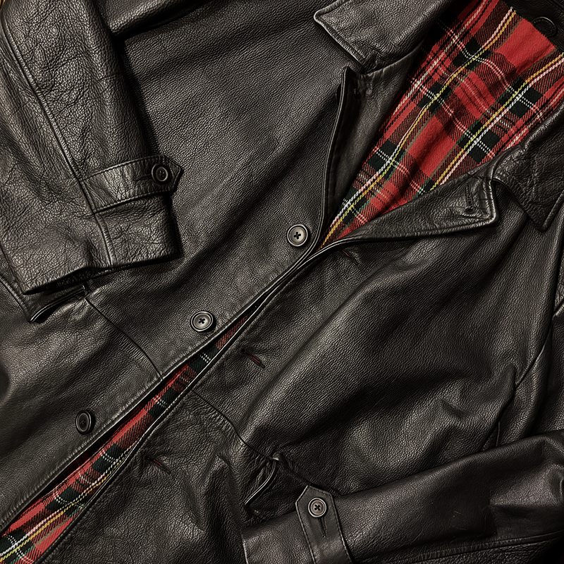 Heavy Real Goat Leather Car Coat Black / Royal Stewart Tartan