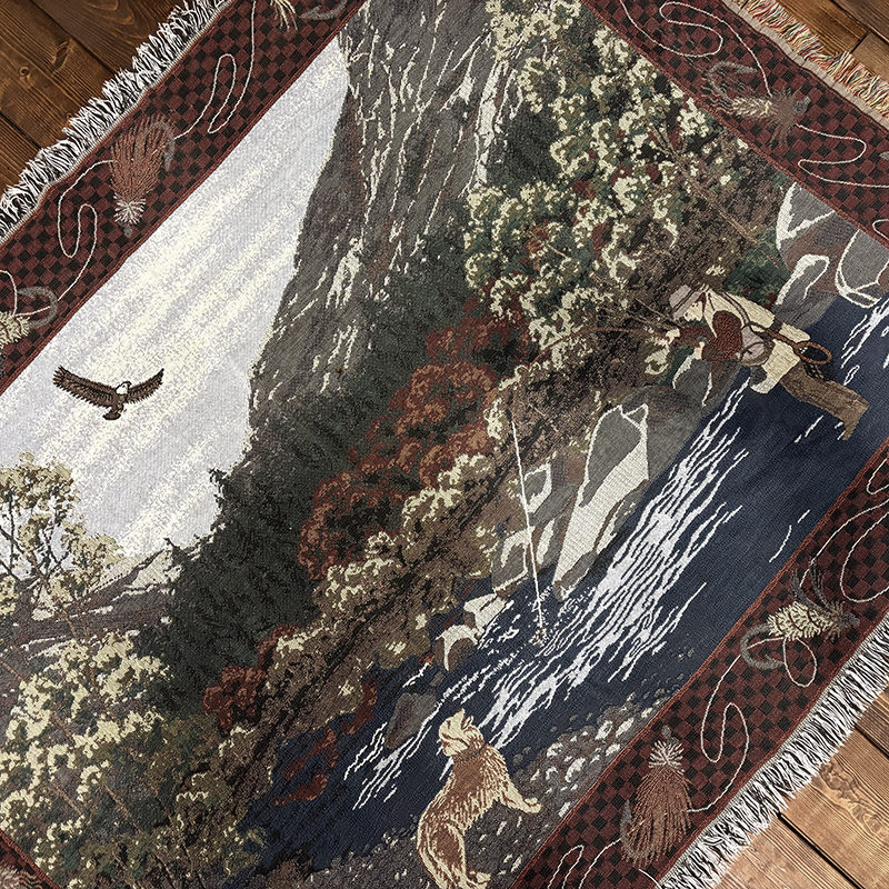 Vintage Fly Fishing Fisherman Pattern Blanket 165/125 Made in USA