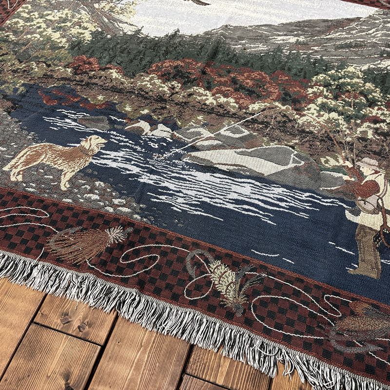 Vintage Fly Fishing Fisherman Pattern Blanket 165/125 Made in USA