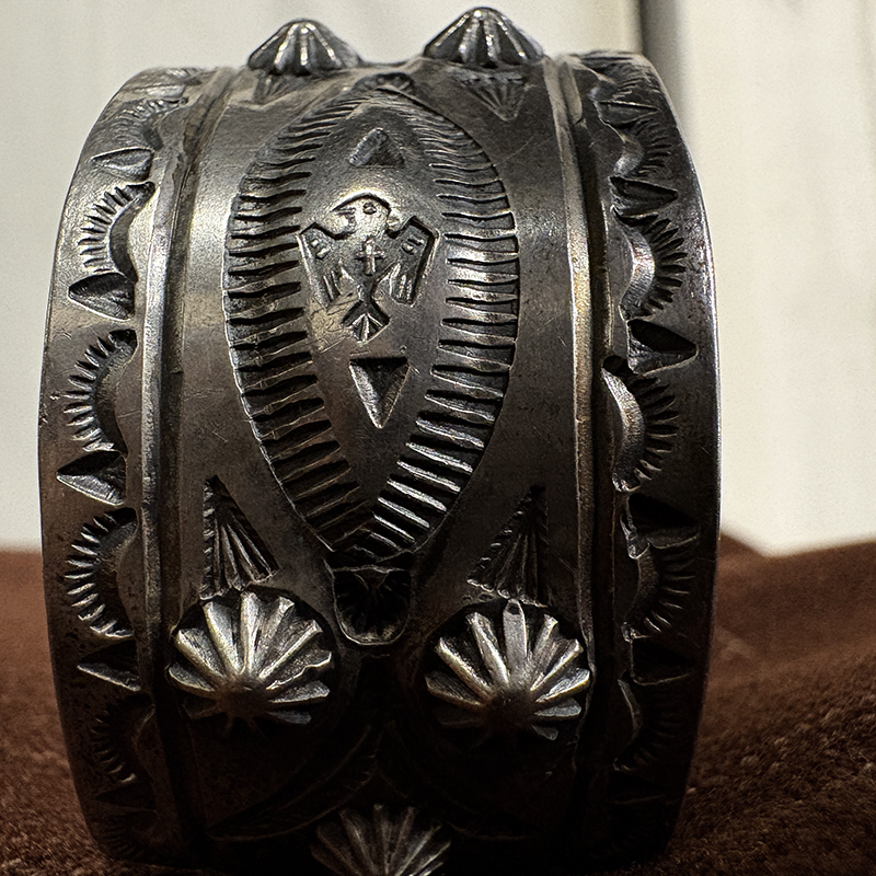 Navajo Silver Wide Cuff bracelet Bangle Thunderbird Snake Chisel Work