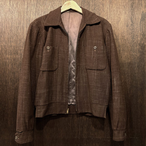 Vintage Wool Short Length Gabardine Jacket Kasuri Pattern Brown Tone Talon Zipper 38 ビンテージ ウール ギャバジャン ショートレングス ジャケット 絣 カスリ パターン ブラウントーン 棒タロンジップ オリジナル