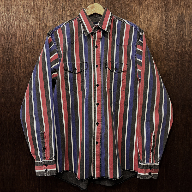Wrangler Print Stripe Pattern Western Shirt Heavy Twill Cotton 100% 16½-36 ラングラー プリント ストライプ パターン ウエスタンシャツ ヘビー ツイル コットン グッドフェード グッドコンディション