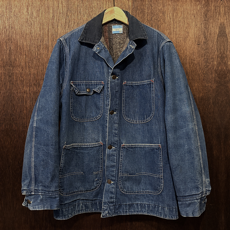 Sears Inner Blanket Denim Coverall Chore Jacket Birdseye Button S Made in USA シアーズ インナーブランケット デニム カバーオール チョアジャケット バーズアイタックボタン 60s ブルータグ スモールサイズ 米国製 オリジナル ビンテージ