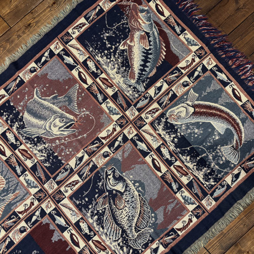 Goodwin Weavers Cotton Throw Blanket Fishing Scene Game Fish Bite Pattern 170/122 グッドウィン ウェーバーズ コットン ブランケットフィッシング フィッシュバイトシーン柄 ビンテージ グッドコンディション