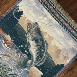 Vintage Cotton Throw Blanket Jumping Bass Pattern & Fishing Fisherman 151/122 ビンテージ コットンスロー ブランケット ジャンピング ラージマウスバス フィッシング フィッシャーマン パターン オールド ブランケット グッドコンディション