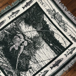 Crown Crafts Cotton Throw Blanket Trout / Rod / Fly Fishing Landing Scene 152/116 Mint クラウンクラフツ コットン ブランケットフライフィッシング ランディングシーン トラウト ロッド フライ柄 ビンテージ オールド ミントコンディション