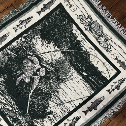 Crown Crafts Cotton Throw Blanket Trout / Rod / Fly Fishing Landing Scene 152/116 Mint クラウンクラフツ コットン ブランケットフライフィッシング ランディングシーン トラウト ロッド フライ柄 ビンテージ オールド ミントコンディション