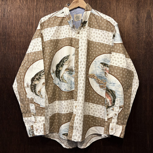 Old Jumping Bass & Trout Game Fish Pattern Cotton Fishing Shirt Made in USA Mint オールド ジャンピング バス トラウト ゲームフィッシュ 総柄 コットン ロングスリーブ フィッシングシャツ L Boston Prepatory Company製 希少柄 米国製ミントコンディション