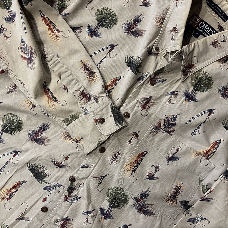 Chaps Ralph Lauren Fly Pattern Design Cotton Twill Long Sleeve Old Fishing BD Shirts M Mint チャップス ラルフローレン コットンツイル ロングスリーブ フィッシングシャツ フライパターンデザイン オールドシャツ ミントコンディション